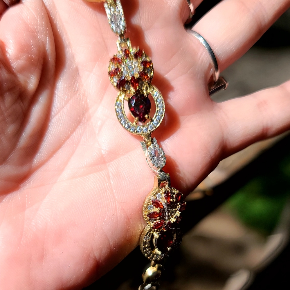 STUNNING ruby, garnet & white Topaz sterling & gold bracelet - Picture 4 of 9